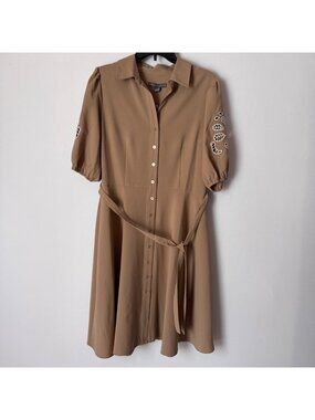 Sharagano Women Tan Button Front Short Sleeve Knee Length Dress Size 10